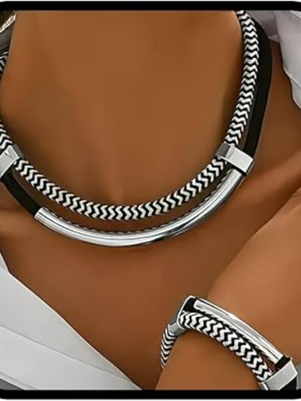 NEW‎ Silver Necklace and Bracelet Set Classy Layered Boho Chunky Choker Fancy